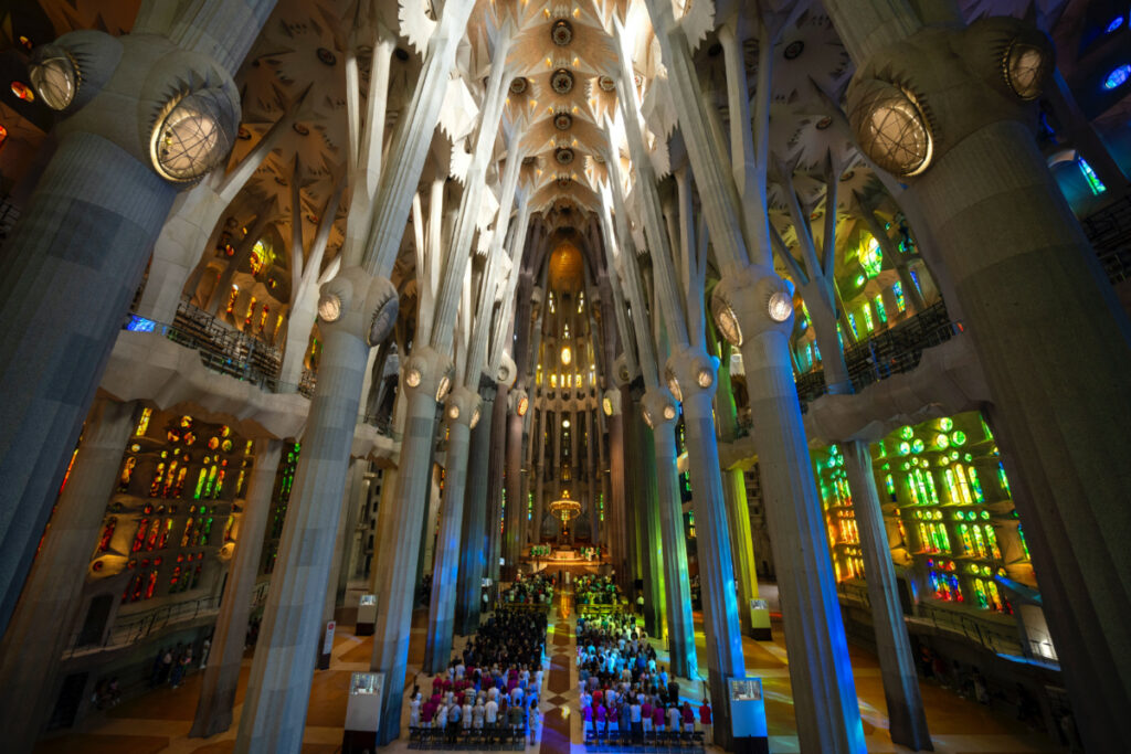 Worshippers attend a Mass in the Sagrada Familia basilica in Barcelona, Spain, on Sunday, 9th July, 2023.