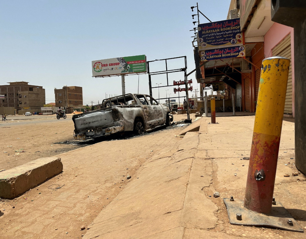 A view shows a destroyed vehicle as clashes between the army and the paramilitary Rapid Support Forces continue, in Omdurman, Sudan, on 4th July 2023.
