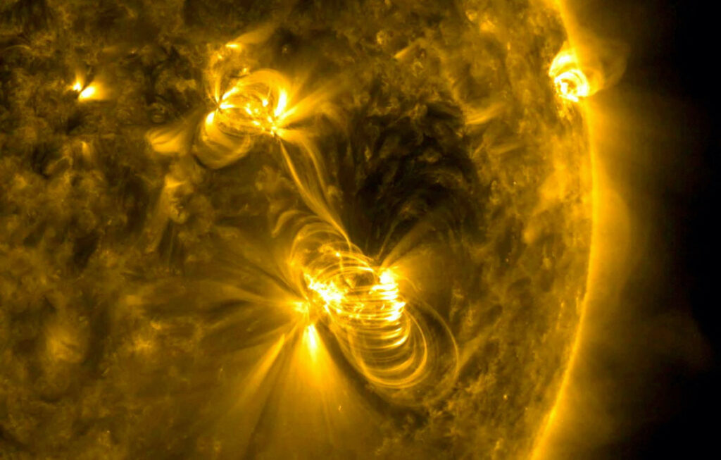 A medium-sized solar flare and a coronal mass ejection erupting from the same, large active region of the Sun on 14th July, 2017.