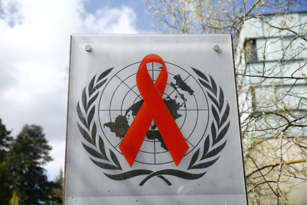A logo is pictured outside a building of the United Nations AIDS agency in Geneva, Switzerland, on 6th April, 2021.
