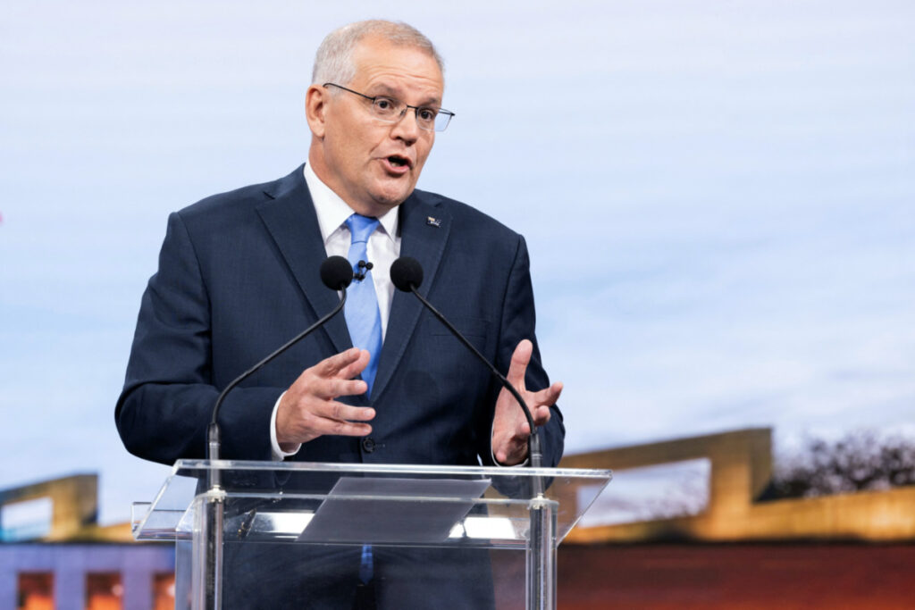 Australian incumbent Prime Minister Scott Morrison speaks during the second leaders' debate of the 2022 federal election campaign at the Nine studio in Sydney, Australia, on 8th May, 2022.