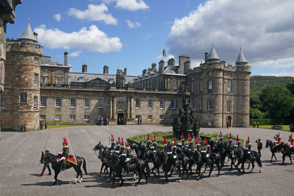 Members of the military at the Palace of Holyroodhouse, Edinburgh, ahead of the National Service of Thanksgiving and Dedication for King Charles III and Queen Camilla, and the presentation of the Honours of Scotland on Wednesday 5th July, 2023.