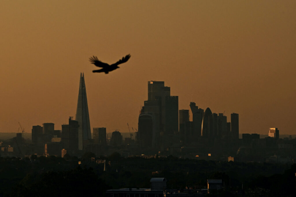The sun sets over the capital's skyline as warm temperatures, wind and emissions combined to trigger a ‘high’ alert for air pollution, in London, Britain, on 13th June, 2023.