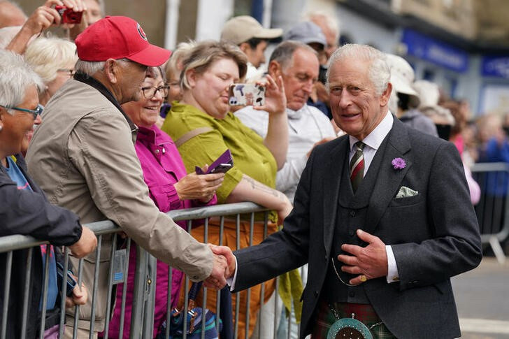 Britain's King Charles during a tour of the market square in Selkirk, in the Scottish Borders, Scotland, Britain, as part of the first Holyrood Week since the King's coronation on 6th July, 2023.