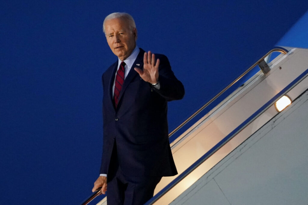 US President Joe Biden disembarks Air Force One as he visits Britain, at Stansted Airport, Britain, on 9th July, 2023.