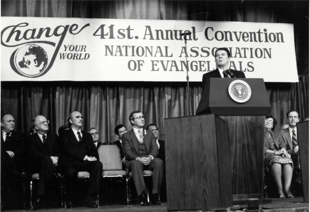 President Ronald Reagan addresses the Annual Convention of the National Association of Evangelicals on 8th March, 1983, in Orlando, Florida.