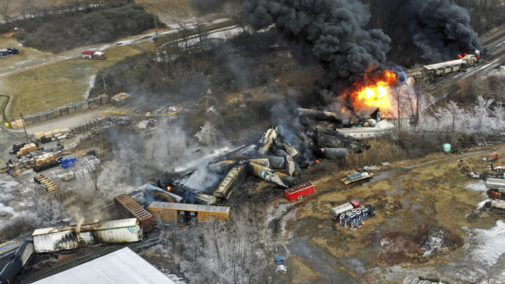 This photo taken with a drone shows portions of a Norfolk Southern freight train that derailed Friday night in East Palestine, Ohio, are still on fire at midday on Saturday, 4th Febrary, 2023.