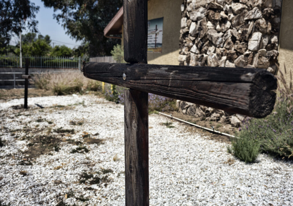 Burned crosses stand outside the Sylmar Christian Fellowship Church, on Thursday, 6th July, 2023, in the Sylmar section of Los Angeles.