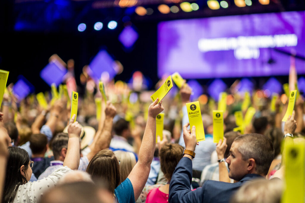 Messengers vote during the first day of the Southern Baptist Convention annual meeting at the Ernest N Morial Convention Center in New Orleans, Louisiana, on 13th June, 2023.