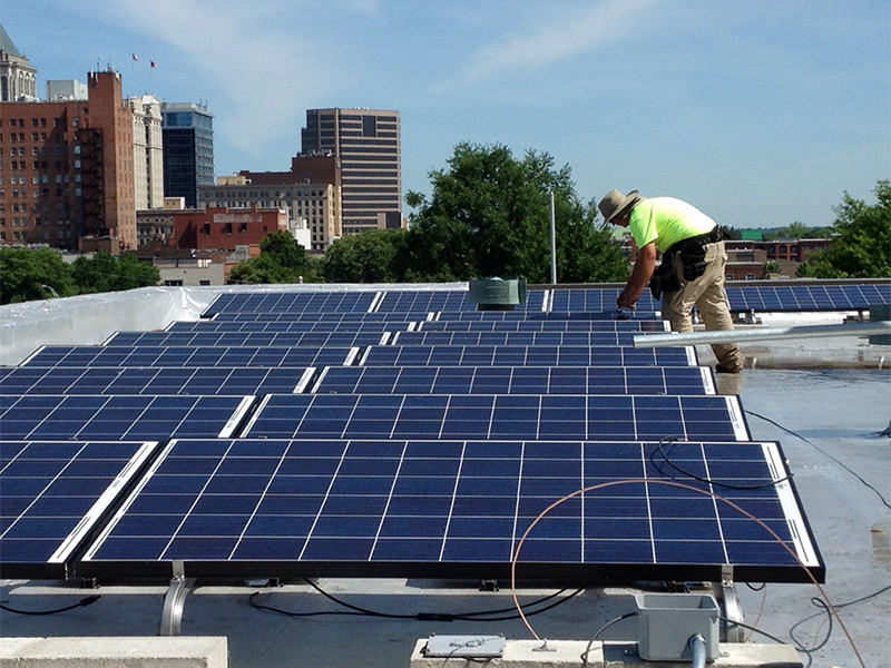 Solar panels are installed on the roof of Faith Community Church in Greensboro, North Carolina, in May, 2015.