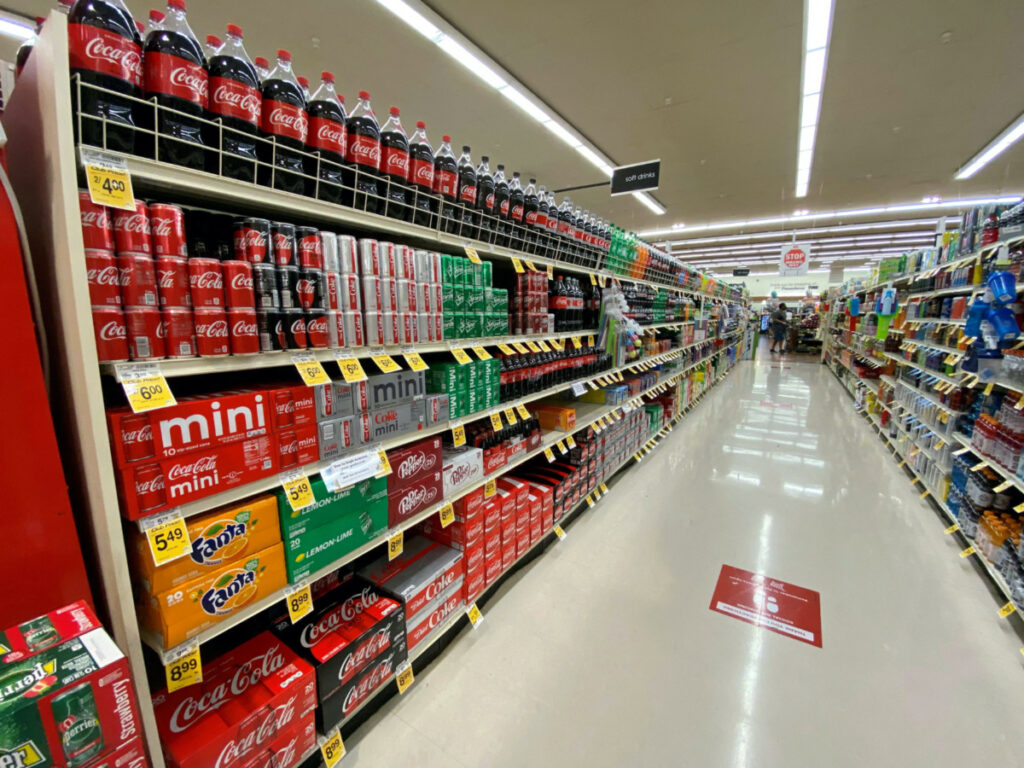 Sodas on shelves at a Vons grocery store in Pasadena, California, US, on 10th June, 2020.
