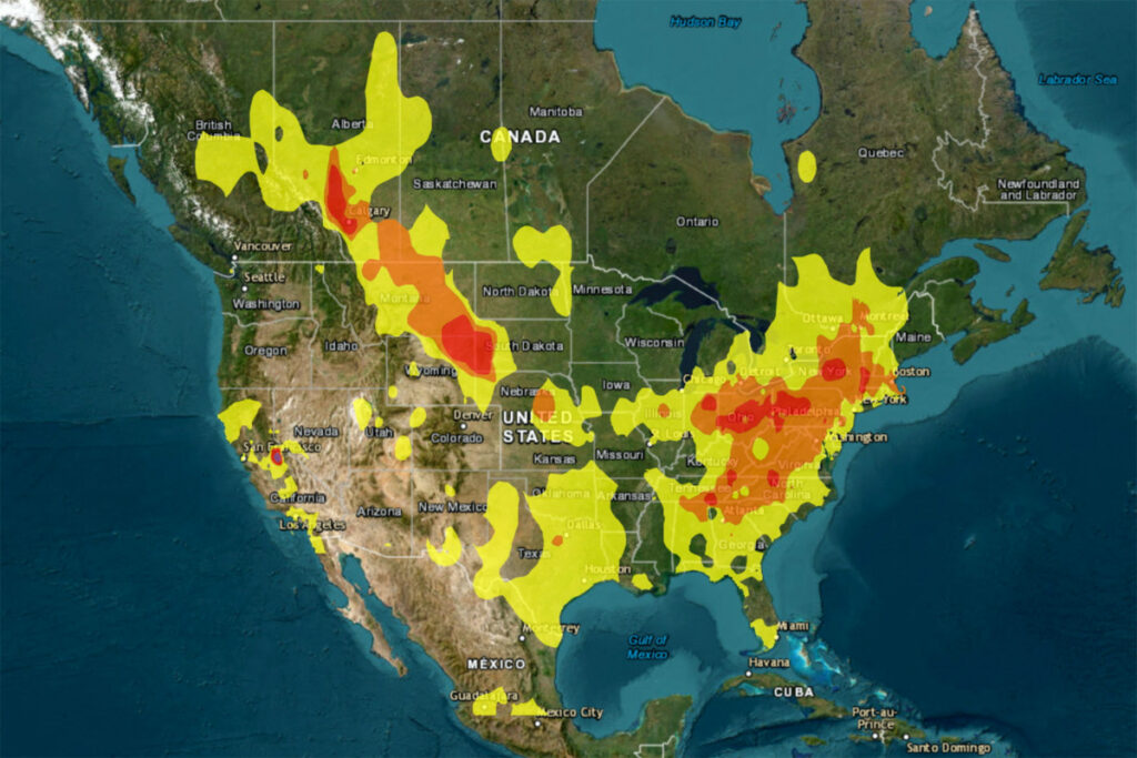 A map of North America shows concentrations of particulate matter, the main pollutant in wildfire smoke, as depicted on the airnow.gov site on 17th July, 2023.
