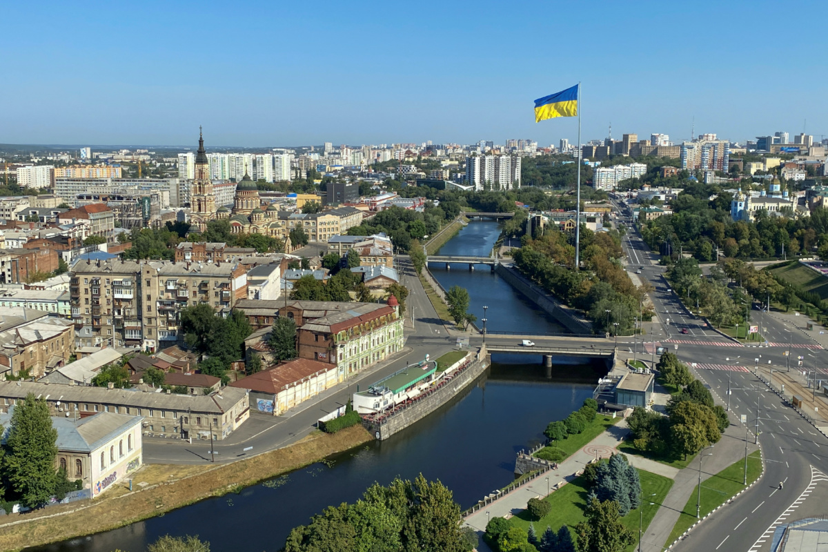 Ukraine's national flag waves in central Kharkiv during a long curfew, as Russia's attack on Ukraine continues, Ukraine, on 23rd August, 2022.