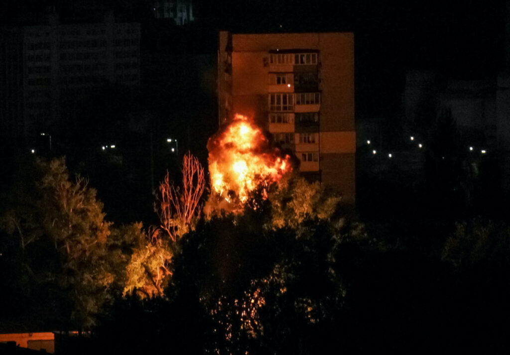 A view of an explosion of a drone in the city during a Russian drone strike, amid Russia's attack on Ukraine, in Kyiv, Ukraine, on 13th July, 2023