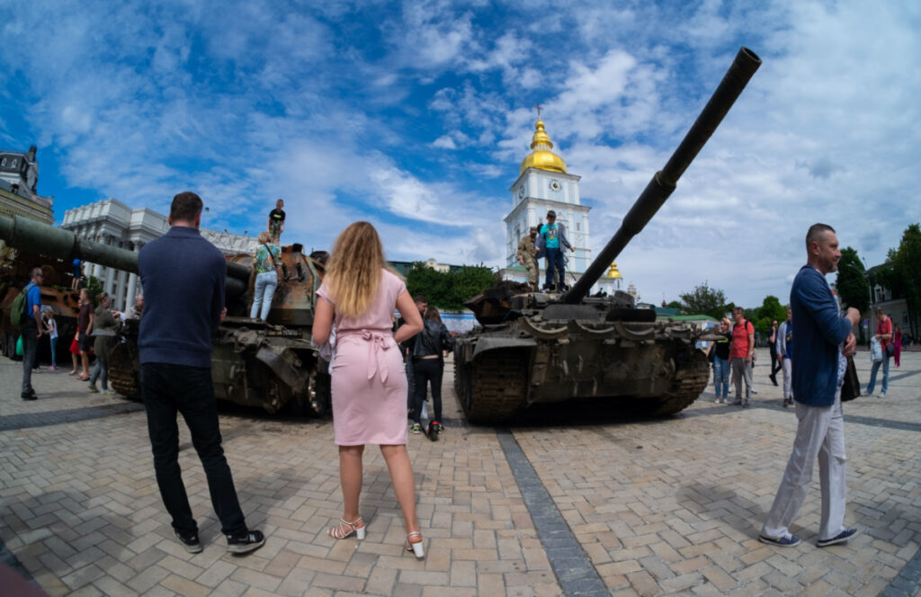 Destroyed Russian weapon displayed outside St Michael's Cathedral, as Russia's attack on Ukraine continues, in Kyiv, Ukraine, on 15th June, 2022.