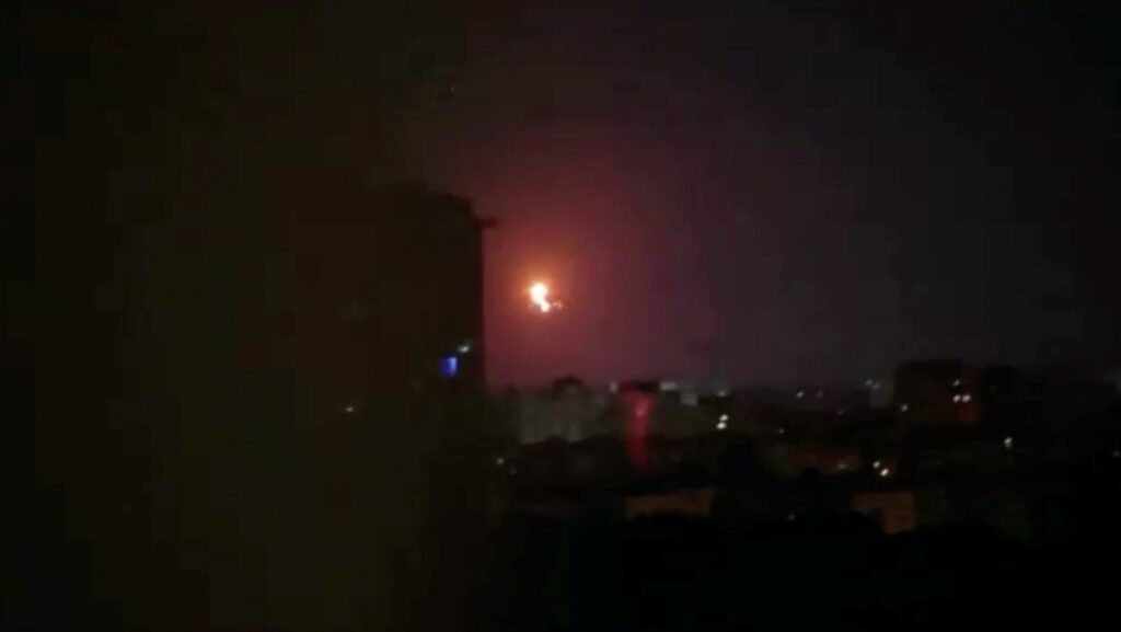 An explosion of a drone is seen in the sky over the city during a Russian drone strike, amid Russia's attack on Ukraine, in Kyiv, Ukraine, on 2nd July, 2023, in this screengrab taken from a video.