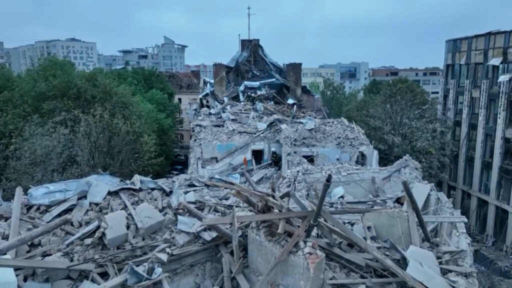 A general view of damaged buildings following a Russian rocket strike that hit an apartment building, amid Russia's attack on Ukraine, in Lviv, Ukraine in this screen grab obtained from a handout video released on 6th July, 2023.