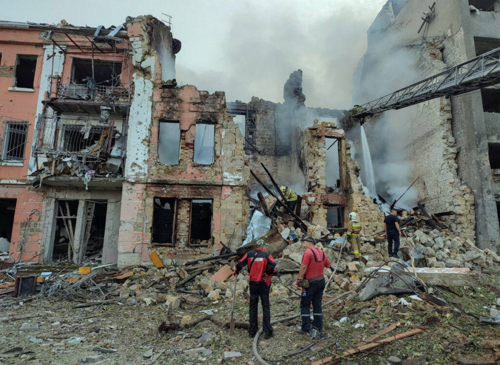 Rescuers work at a site of a residential building heavily damaged by a Russian missile attack, as Russia's attack on Ukraine continues, in Mykolaiv, Ukraine, on 20th July, 2023.