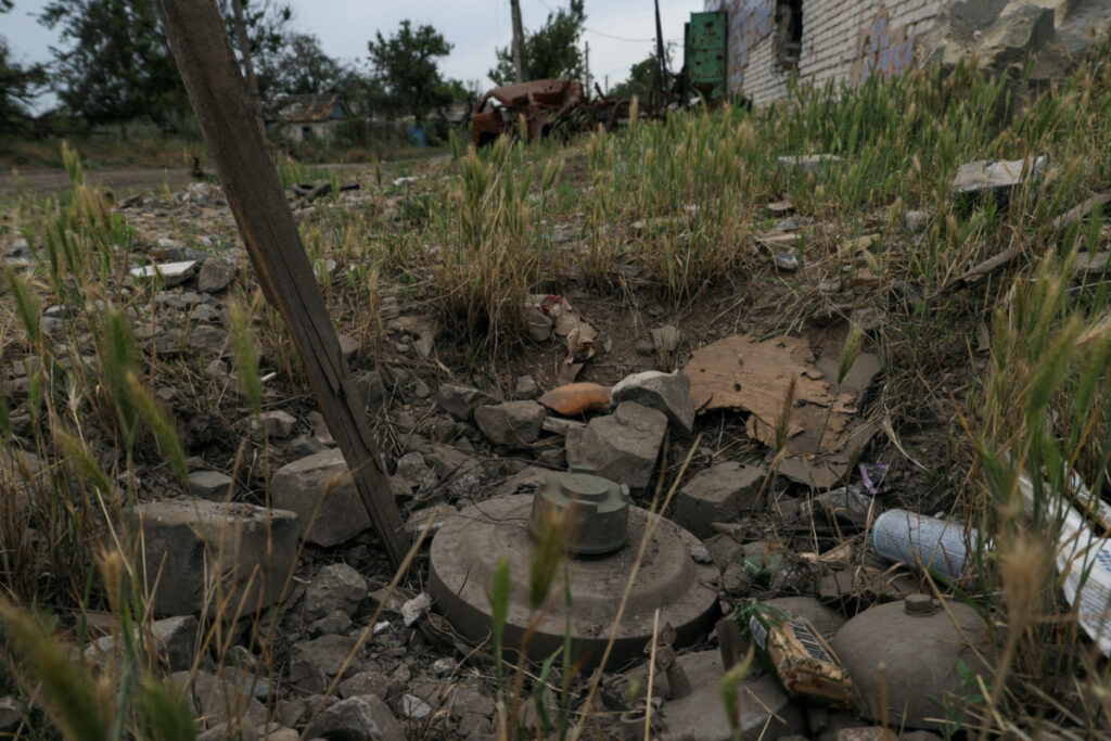 An anti-tank mine is seen in the village of Neskuchne, recently retaken by the Ukrainian Armed Forces, amid Russia's attack on Ukraine, near a front line in Donetsk region, Ukraine, on 8th July, 2023