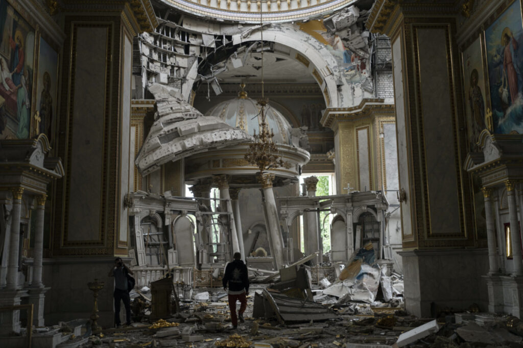 Church personnel inspect damages inside the Odesa Transfiguration Cathedral in Odesa, Ukraine, on Sunday, 23rd July, 2023, following Russian missile attacks.