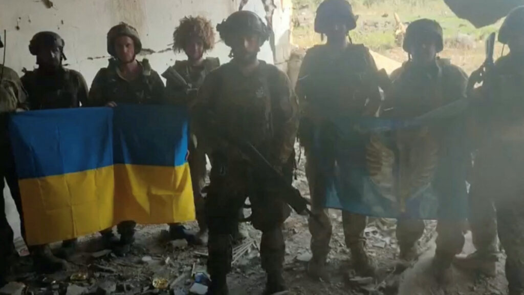 Ukrainian soldiers say they have recaptured the Ukrainian village of Staromaiorske, in Donetsk region, Ukraine, in this screen grab from video posted by Ukrainian President Volodymyr Zelenskiy and released on 27th July, 2023