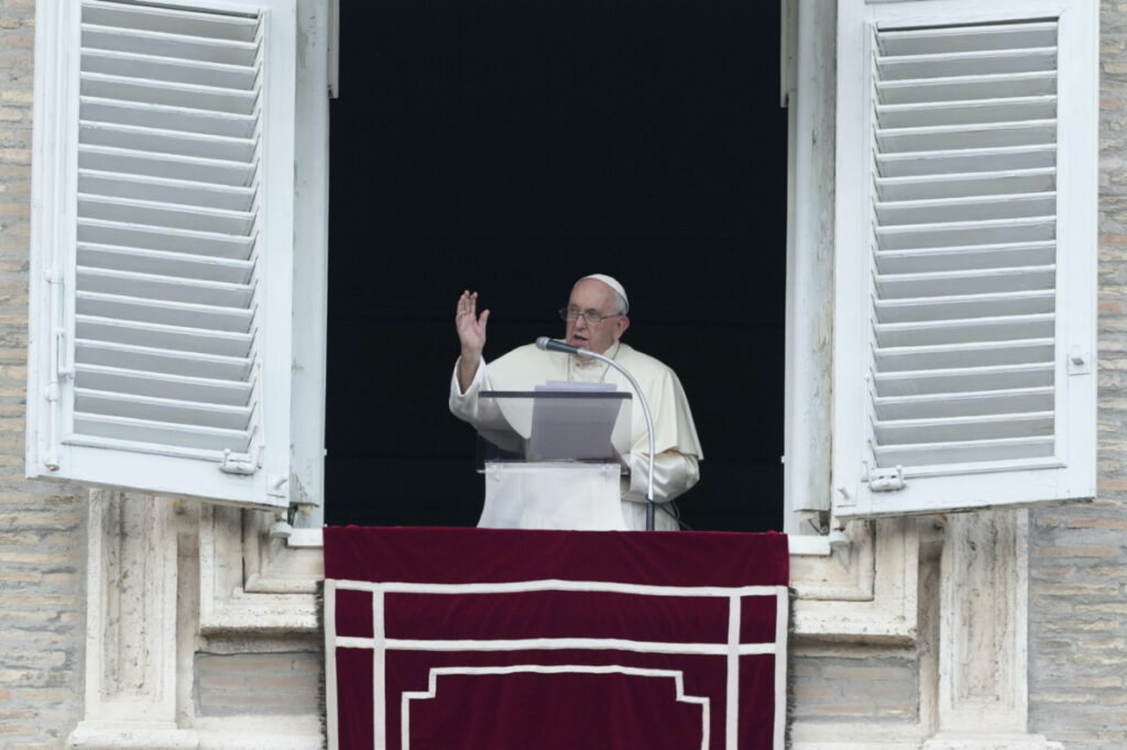 Pope Francis delivers his blessing during the Angelus noon prayer from the window of his studio overlooking St Peter's Square, at the Vatican, on Sunday, 2nd July, 2023.