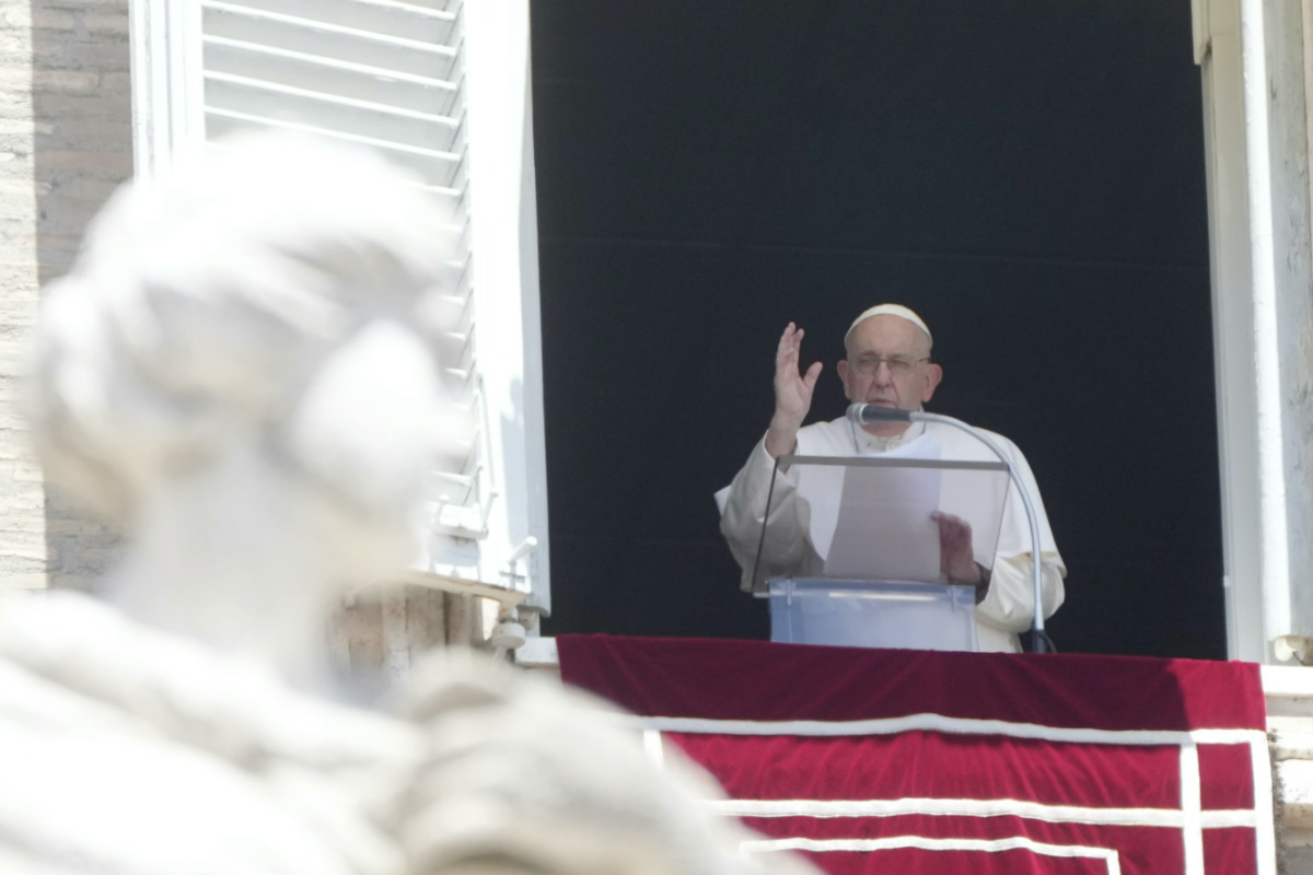 Pope Francis delivers the Angelus noon prayer in St Peter's Square at the Vatican, on Sunday, 9th July, 2023.