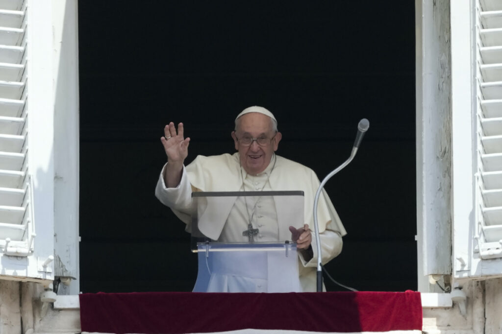 Pope Francis waves as he arrives for the Angelus noon prayer from the window of his studio overlooking St.Peter's Square, at the Vatican, Sunday, on 2nd July, 2023.