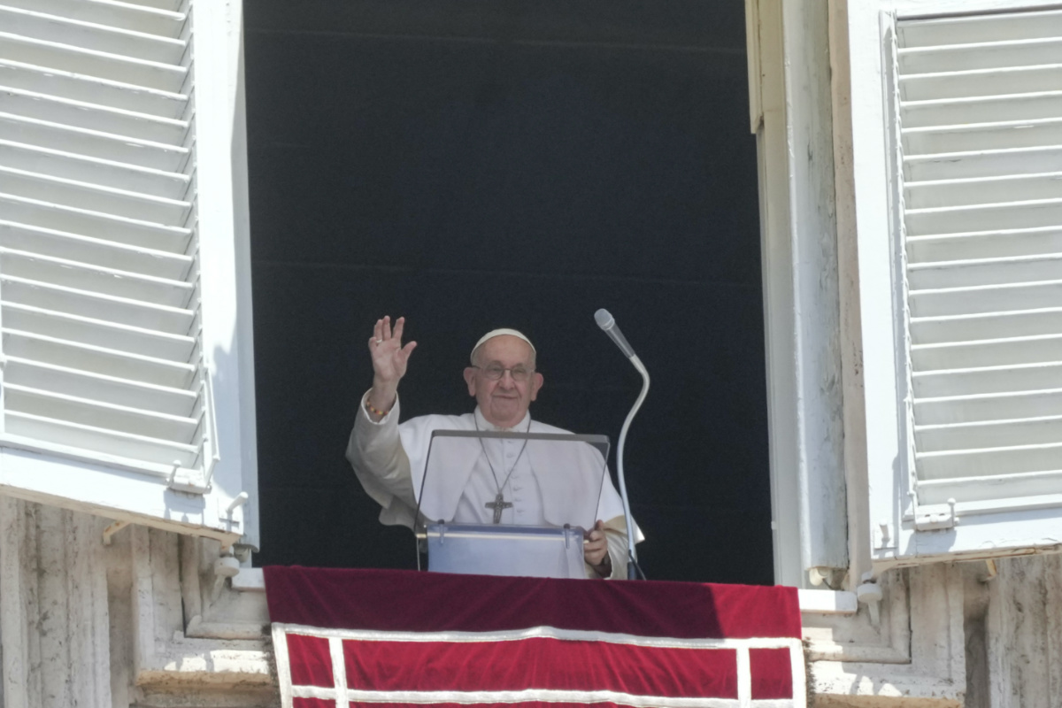 Pope Francis delivers the Angelus noon prayer in St. Peter's Square at the Vatican, Sunday, on 9th July, 2023. 