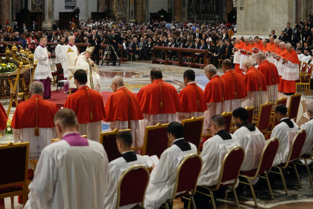 Pope Francis prays in front of new Cardinals during consistory inside St. Peter's Basilica, at the Vatican, on Saturday, 27th August, 2022.