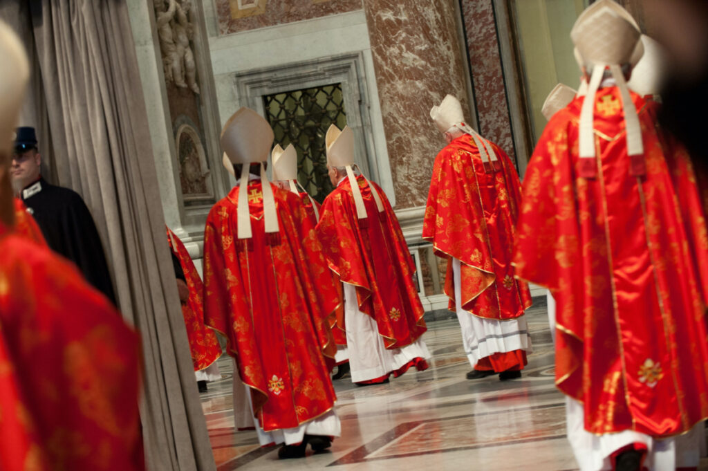 Cardinals enter 'Pro Eligendo Pontifice' mass at the St Peter's basilica on 12th March, 2013 at the Vatican.
