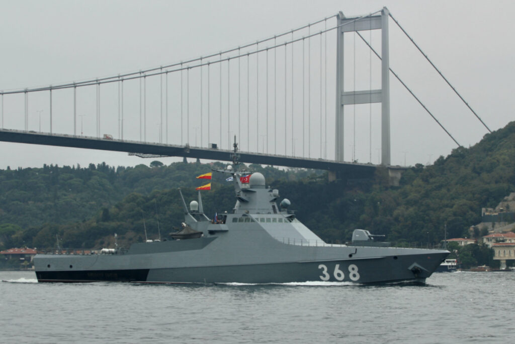 Russian Navy patrol ship Vasily Bykov sails in the Bosphorus, on its way to the Mediterranean Sea, in Istanbul, Turkey, on 16th October, 2019.