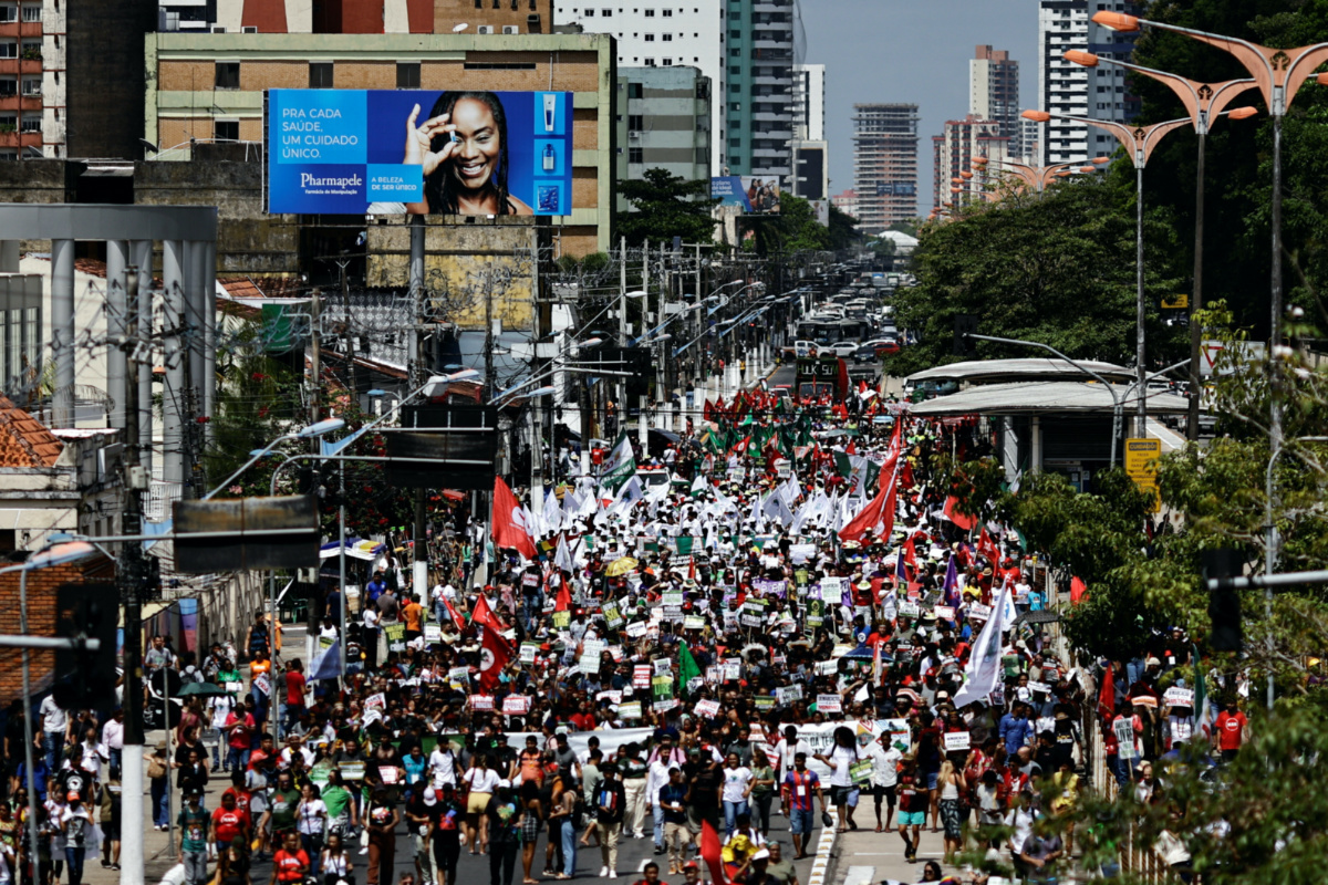 Indigenous people take part in a march as the Amazon Summit kicks off in Belem, Para state, Brazil on 8th August, 2023.