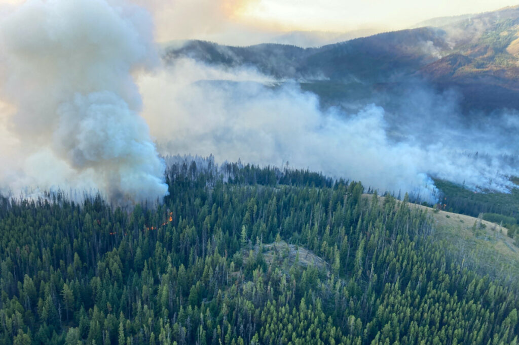 Smoke rises from the Crater Creek wildfire near Keremeos, British Columbia, Canada, on 15th August, 2023