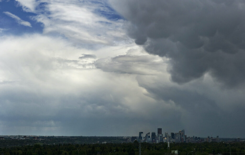 Stormy weather moves over the downtown core of Calgary, Alberta, on 22nd June, 2013.