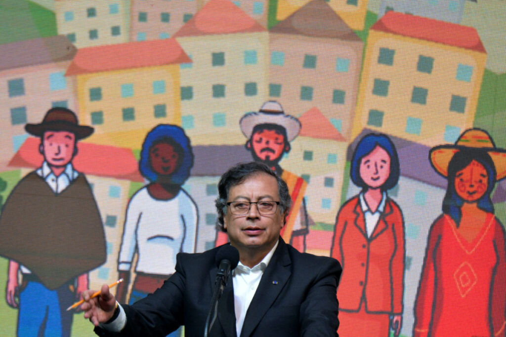 Colombian President Gustavo Petro looks on during an event with peace negotiators of Colombia's government and the National Liberation Army rebels, in Bogota, Colombia, on 3rd August, 2023