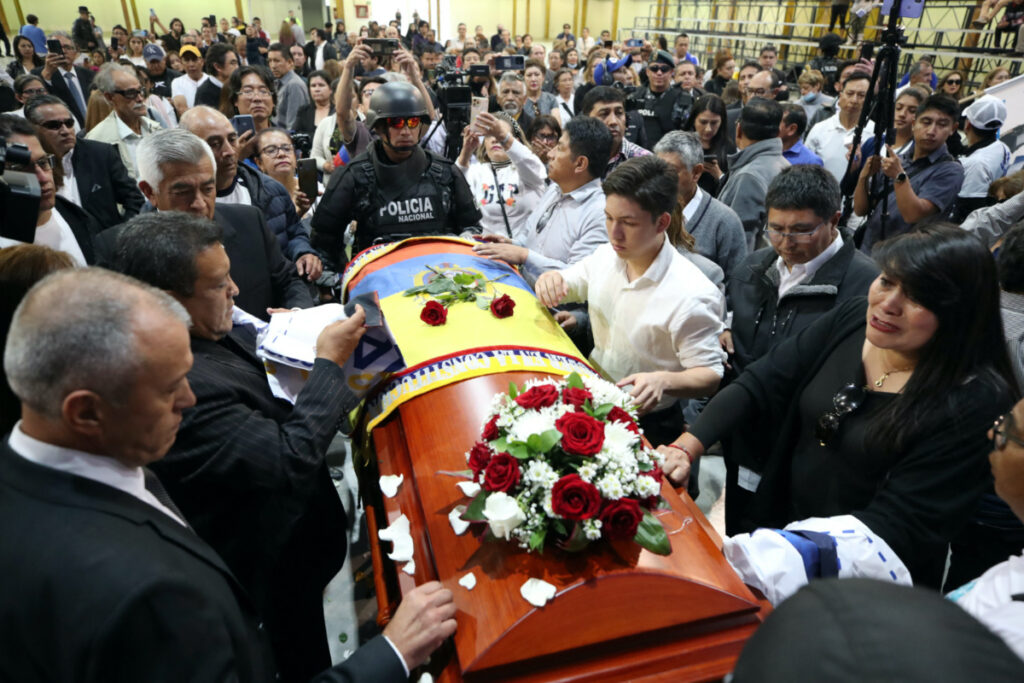 Friends, family members and supporters of Ecuadorean presidential candidate Fernando Villavicencio, a vocal critic of corruption and organized crime, attend a post-mortem tribute at Quito Exhibition Center, after Villavicencio was killed during a campaign event, in Quito, Ecuador, on 11th August, 2023.