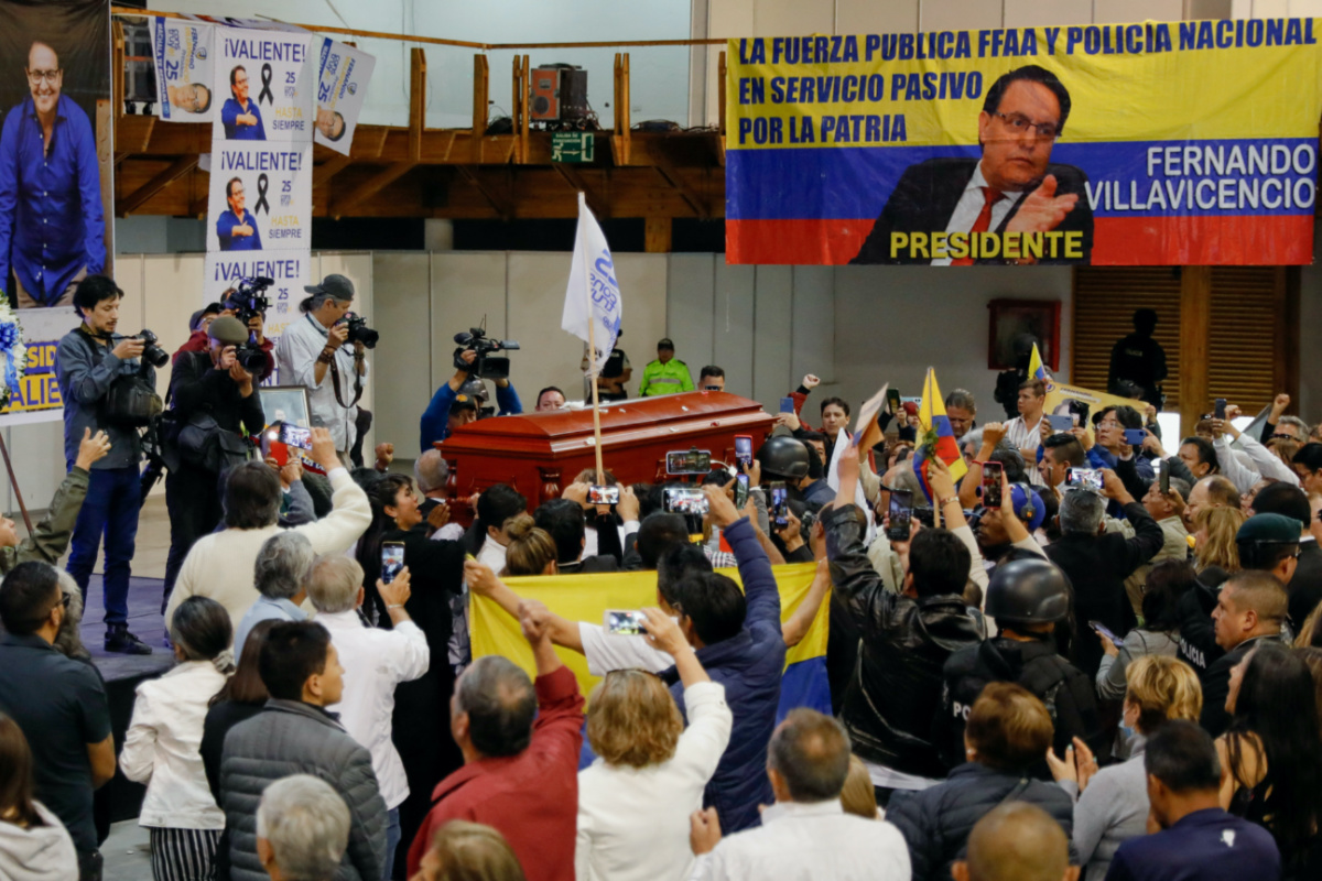 Friends, family members and supporters of Ecuadorean presidential candidate Fernando Villavicencio, a vocal critic of corruption and organised crime, attend a post-mortem tribute at Quito Exhibition Center after Villavicencio was killed during a campaign event, in Quito, Ecuador, on 11th August, 2023