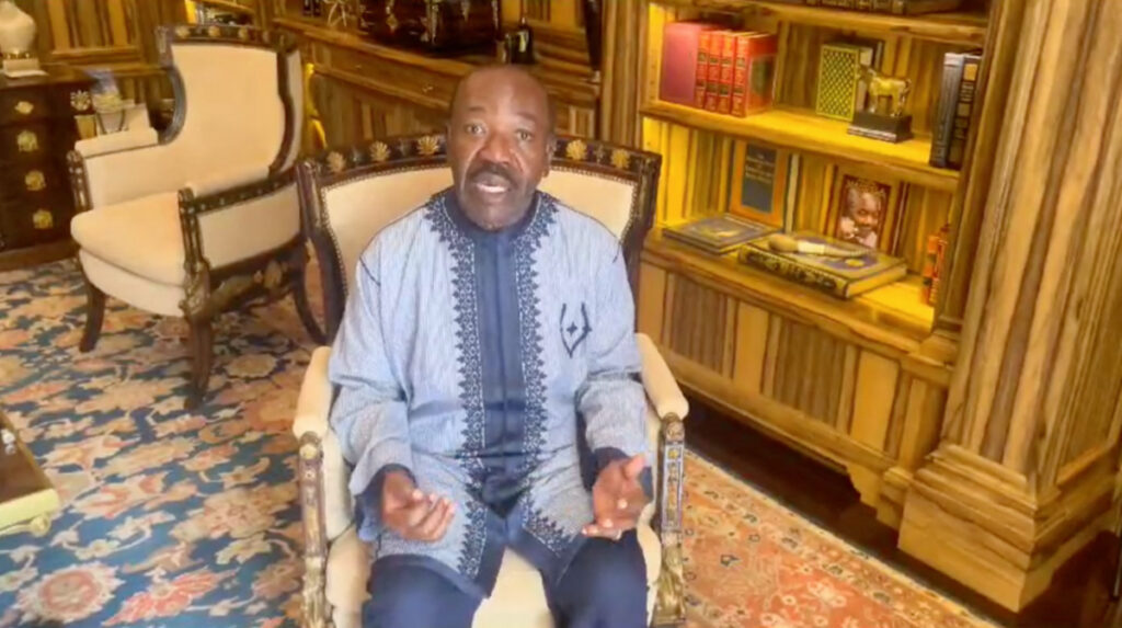Gabon President Ali Bongo makes a statement through a video message, after the Gabon military had seized power, at an unknown location, in this screen grab taken from a social media video released on 30th August, 2023