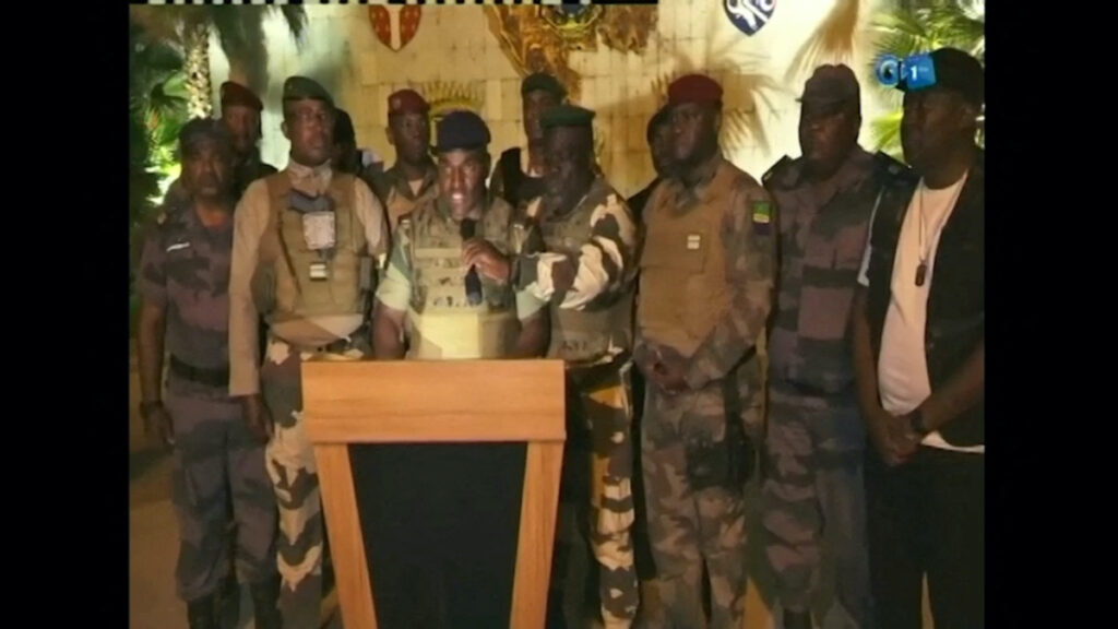 Gabonese military appear on television as they announce that they have seized power following President Ali Bongo Ondimba's re-election, in this screengrab obtained by Reuters on 30th August, 2023.