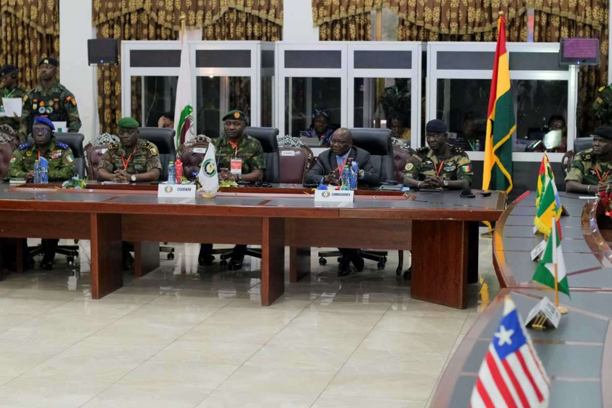 The ECOWAS Committee of Chiefs of Defense staff brief the press on plans to deploy its standby force to the Republic of Niger, in Accra, Ghana, on 18th August, 2023.