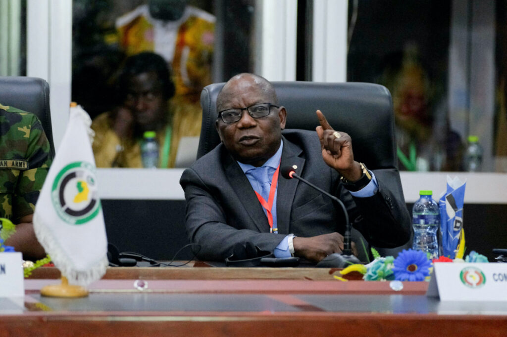 Abdel-Fatau Musah, ECOWAS commissioner, briefs the press on plans to deploy its standby force to the Republic of Niger, in Accra, Ghana, on 18th August, 2023.