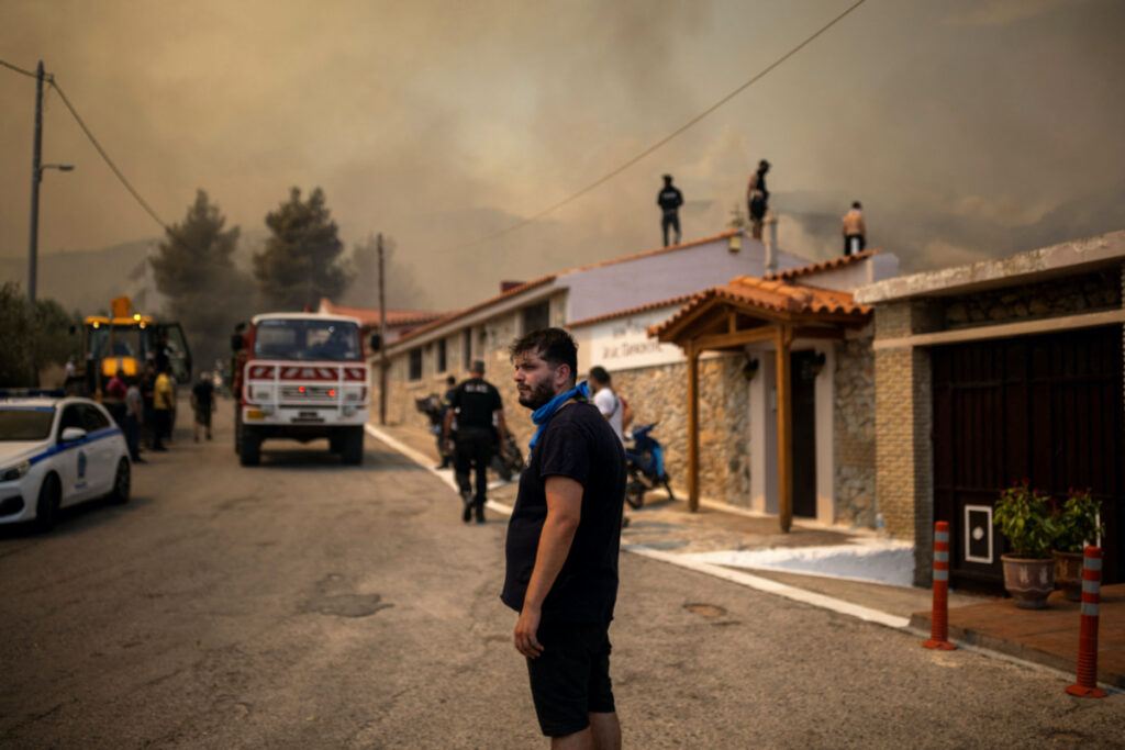 A volunteer stands outside a burning monastery, as a wildfire rages in Menidi, near Athens, Greece, on 23rd August, 2023.