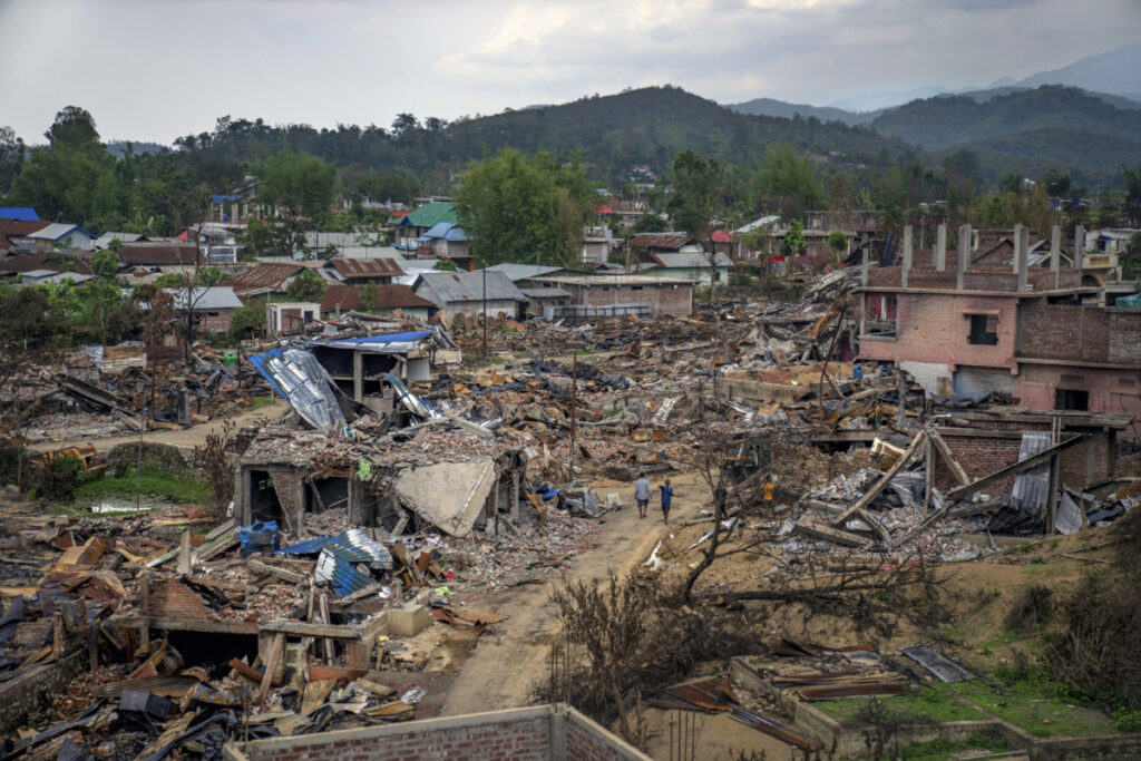 Dozens of houses lay in ruins after being vandalised and burned during ethnic clashes and rioting in Sugnu, in Manipur, India, on 21st June, 2023.