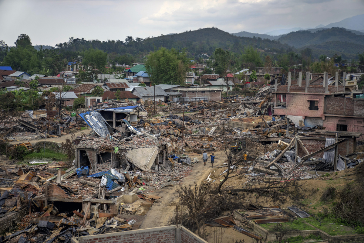 Dozens of houses lay in ruins after being vandalised and burned during ethnic clashes and rioting in Sugnu, in Manipur, India, on 21st June, 2023. 