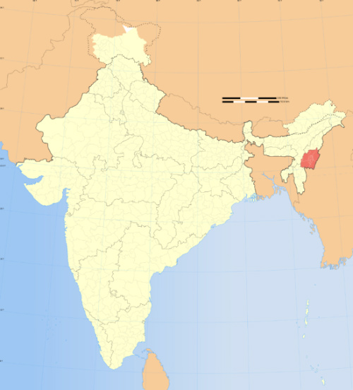 The state of Manipur, red, in northeastern India.