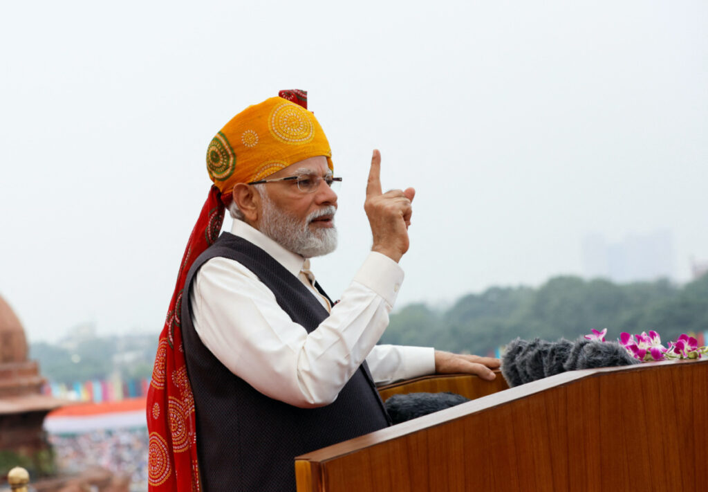India's Prime Minister Narendra Modi addresses the nation during Independence Day celebrations at the historic Red Fort in Delhi, India, on 15th August, 2023.