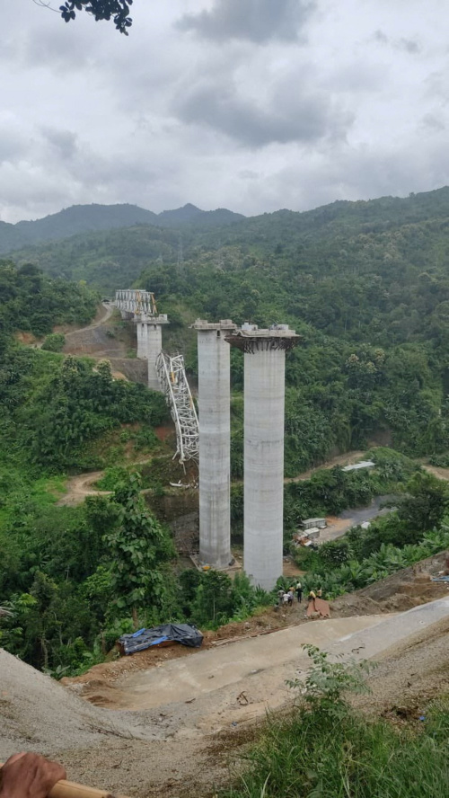 A view shows a collapsed under-construction railway bridge in Sairang, Mizoram, India, on 23rd August, 2023