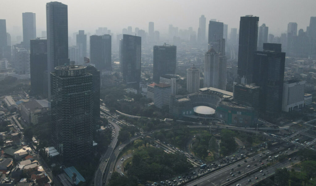 General view of high-rise buildings shrouded in smog during morning rush hour in Jakarta, Indonesia, on 23rd August, 2023.