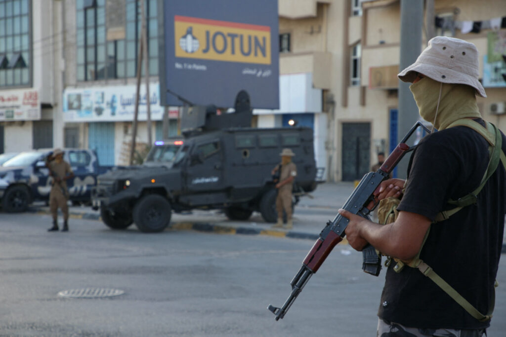 Members of the Security personnel affiliated with the Ministry of Interior secure the streets after yesterday's clashes between armed factions in Tripoli, Libya, on 16th August, 2023